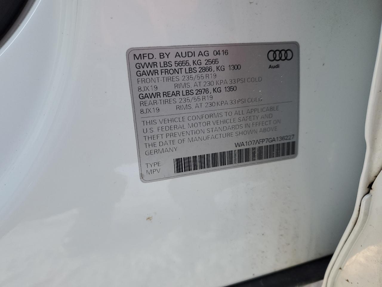 2016 Audi Q5 Premium Plus S-Line VIN: WA1D7AFP7GA136227 Lot: 88125625