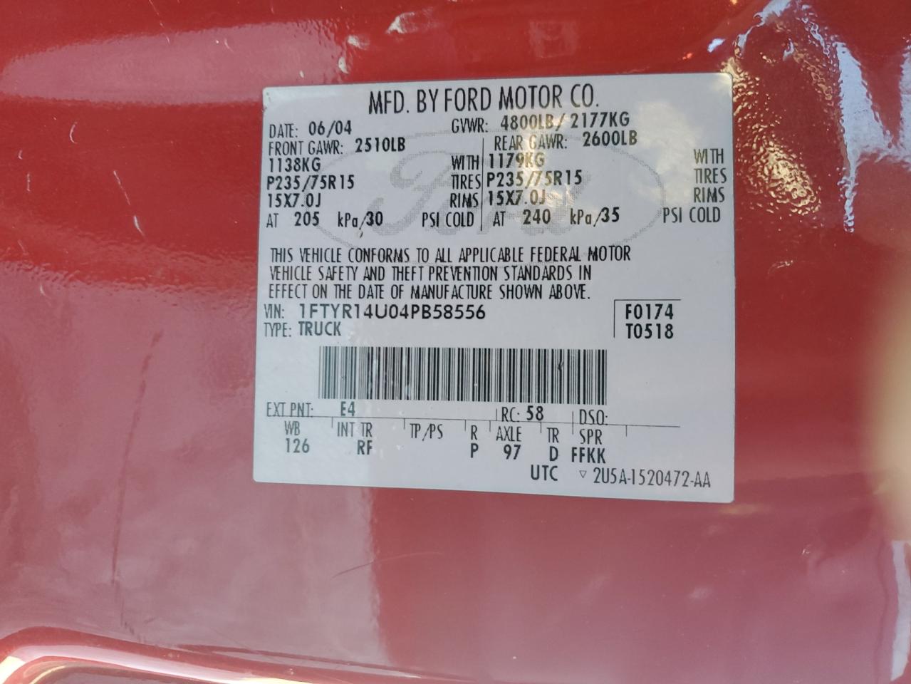 2004 Ford Ranger Super Cab VIN: 1FTYR14U04PB58556 Lot: 42589275