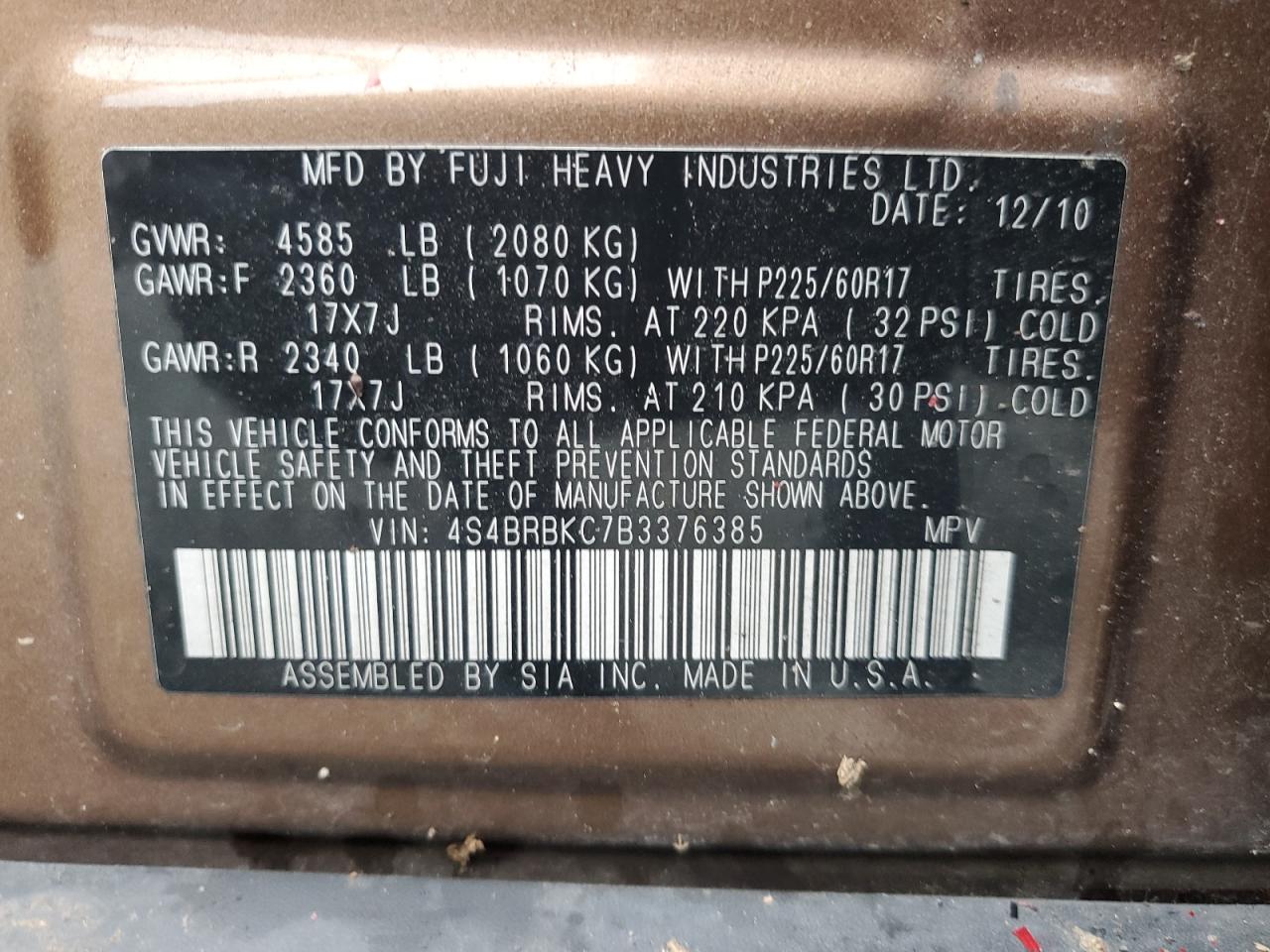 2011 Subaru Outback 2.5I Limited VIN: 4S4BRBKC7B3376385 Lot: 87049994