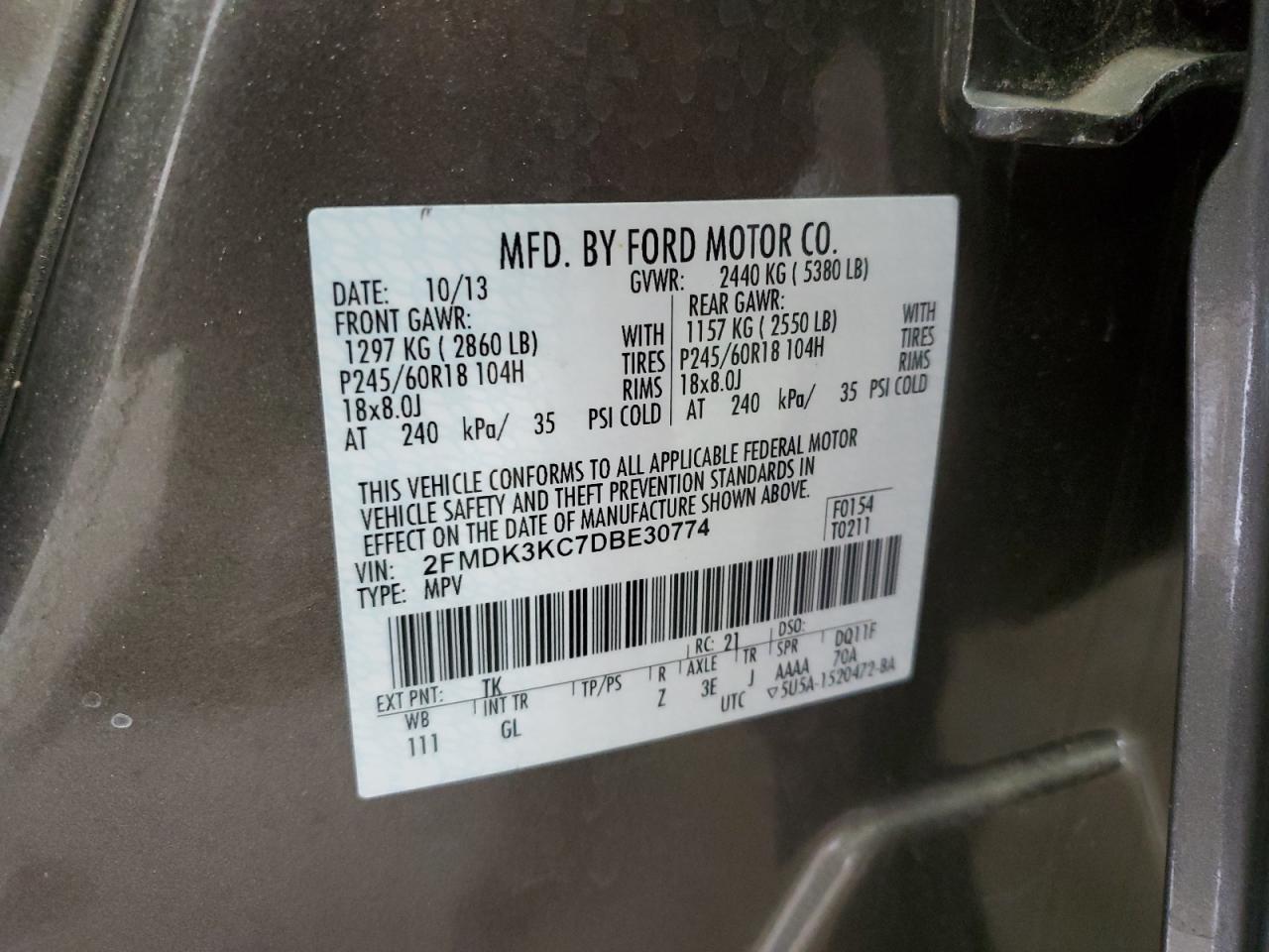 2013 Ford Edge Limited VIN: 2FMDK3KC7DBE30774 Lot: 41551895