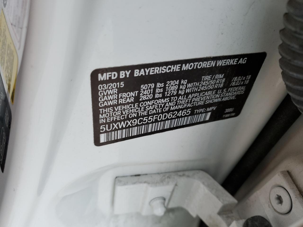 2015 BMW X3 xDrive28I VIN: 5UXWX9C55F0D62465 Lot: 41651445