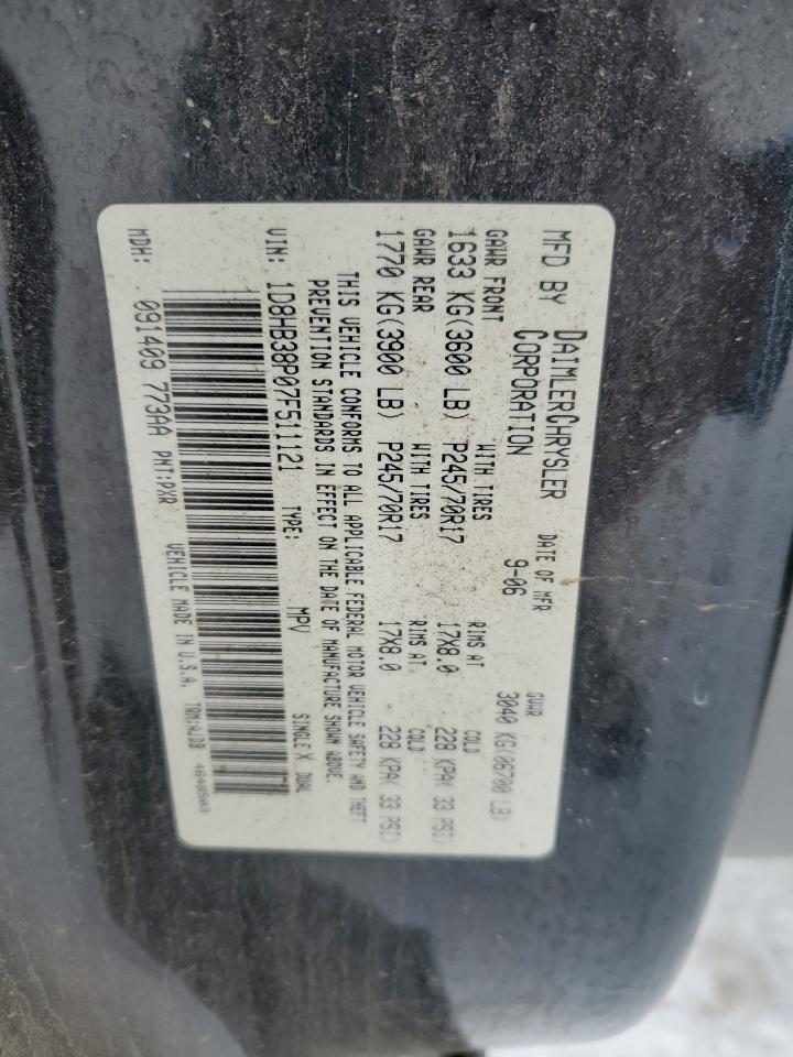 2007 Dodge Durango Sxt VIN: 1D8HB38P07F511121 Lot: 87654315