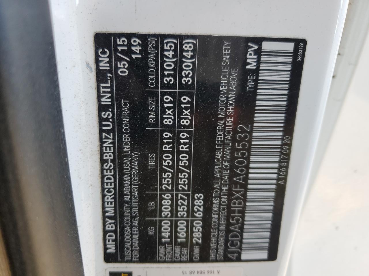 2015 Mercedes-Benz Ml 350 4Matic VIN: 4JGDA5HBXFA605532 Lot: 87927595