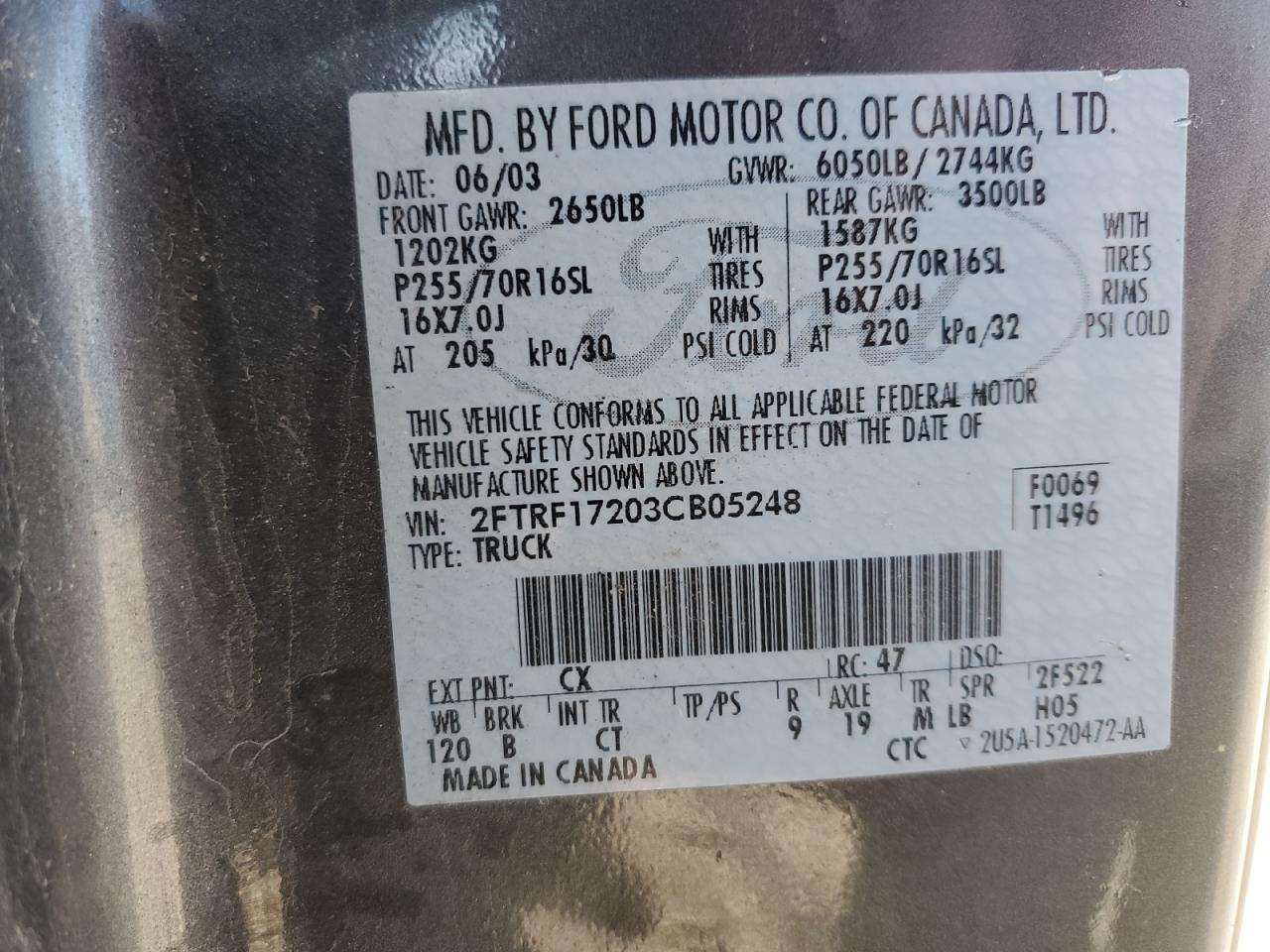 2003 Ford F150 VIN: 2FTRF17203CB5248 Lot: 42873135