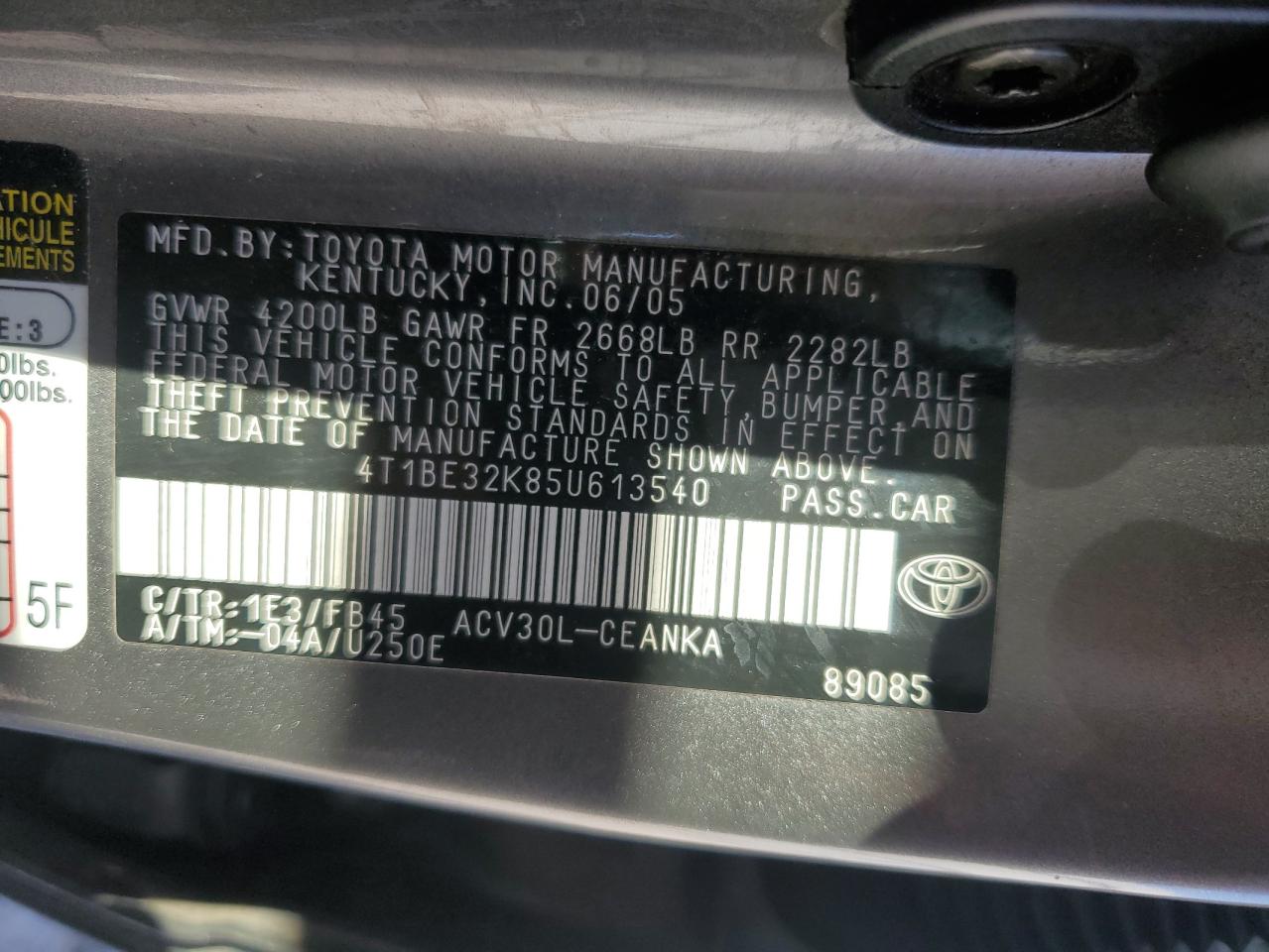 2005 Toyota Camry Le VIN: 4T1BE32K85U613540 Lot: 41574855