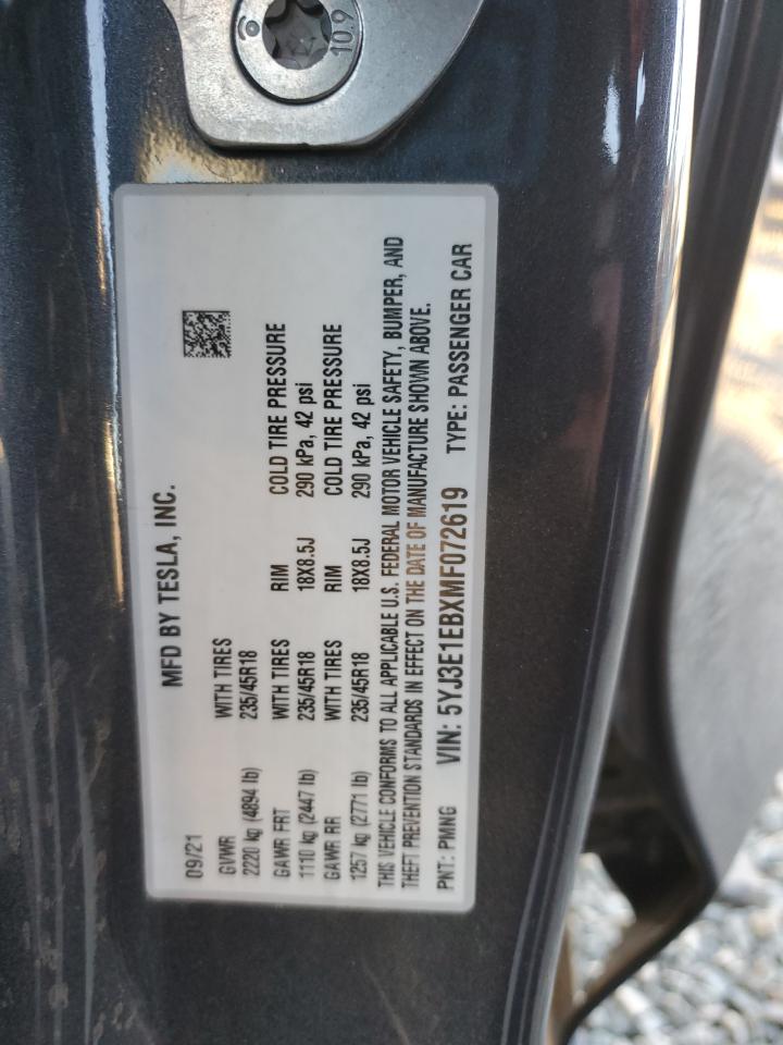 2021 Tesla Model 3 VIN: 5YJ3E1EBXMF072619 Lot: 88501515