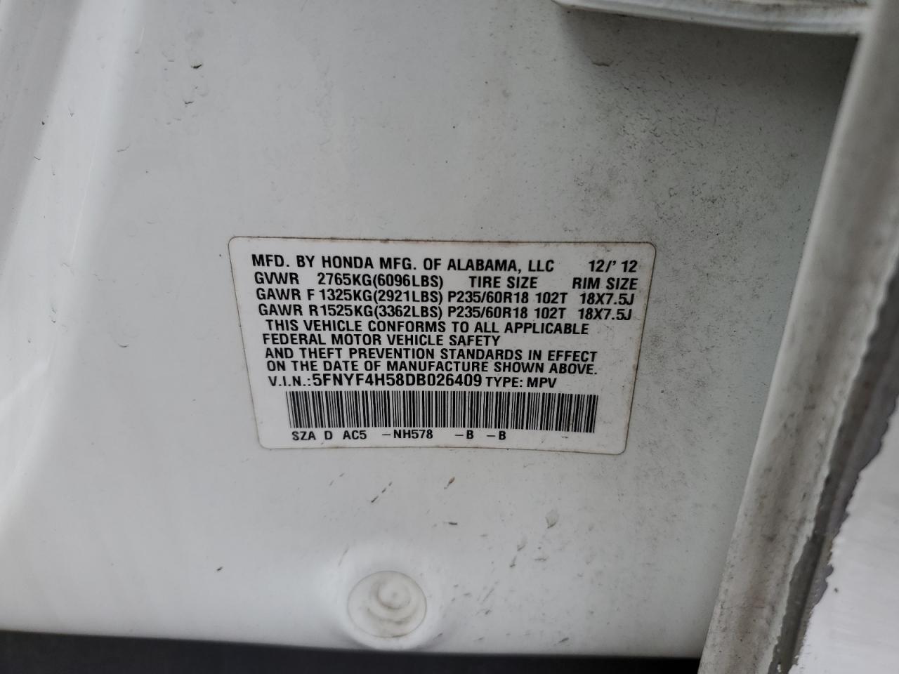 2013 Honda Pilot Exl VIN: 5FNYF4H58DB026409 Lot: 87287064