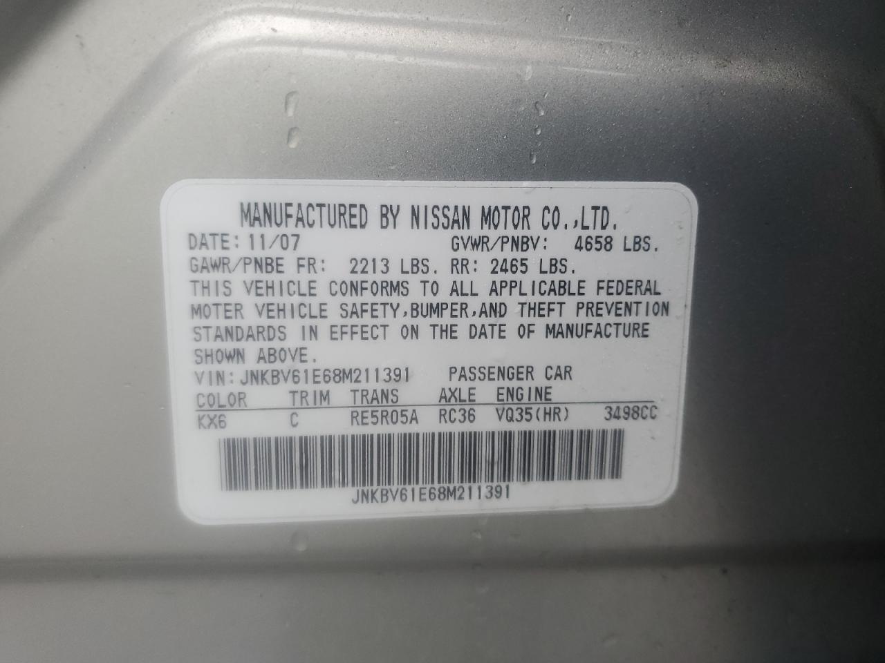 2008 Infiniti G35 VIN: JNKBV61E68M211391 Lot: 62563485