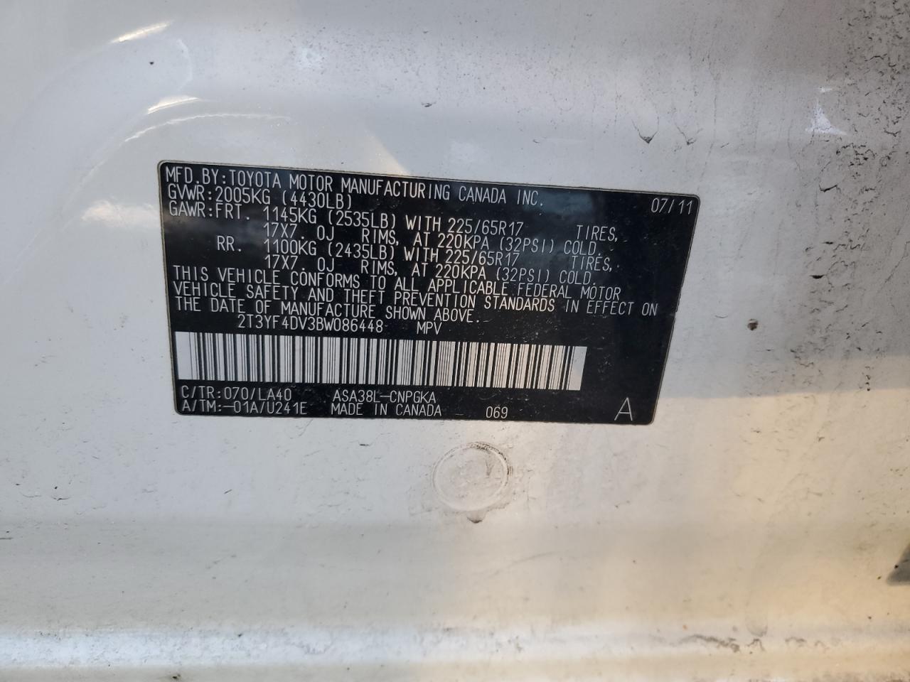 2011 Toyota Rav4 Limited VIN: 2T3YF4DV3BW086448 Lot: 87903915