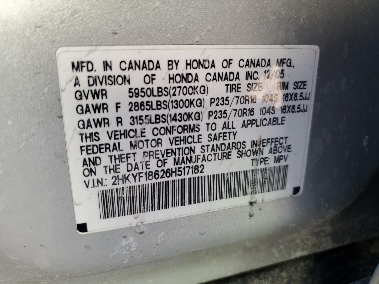2006 Honda Pilot Ex VIN: 2HKYF18626H517182 Lot: 42787265