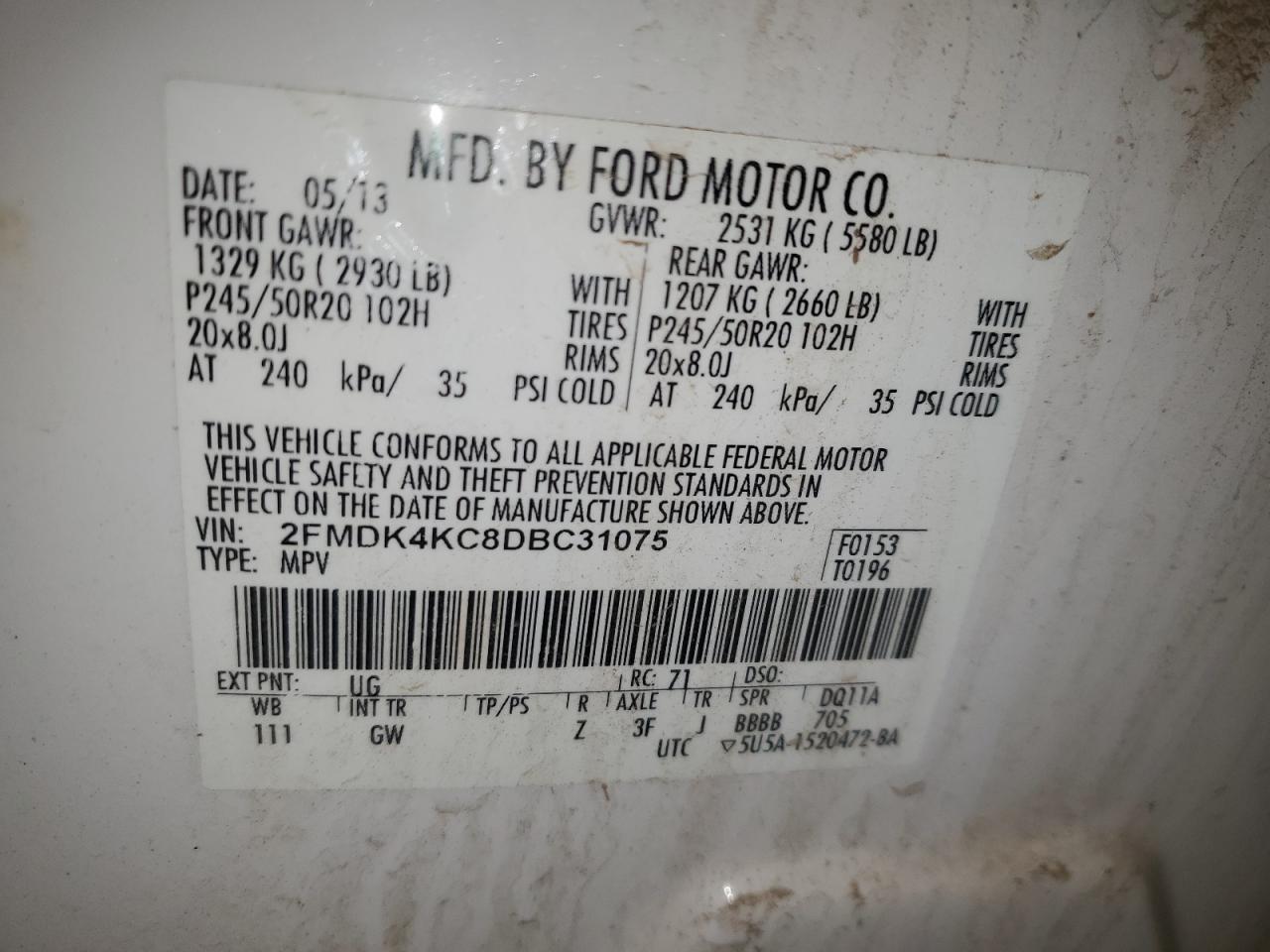 VIN 2FMDK4KC8DBC31075 2013 FORD EDGE no.12