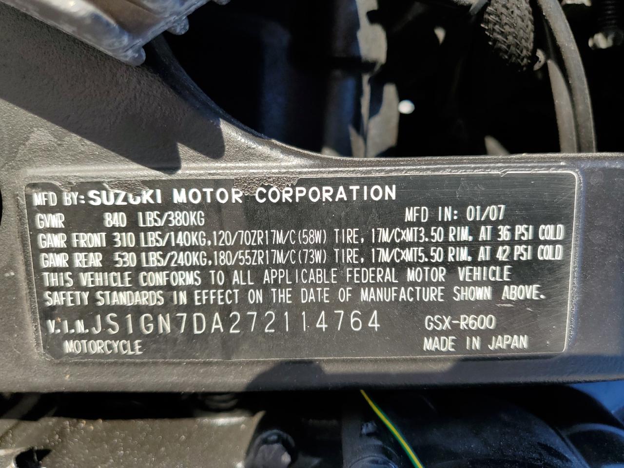 2007 Suzuki Gsx-R600 VIN: JS1GN7DA272114764 Lot: 42999925