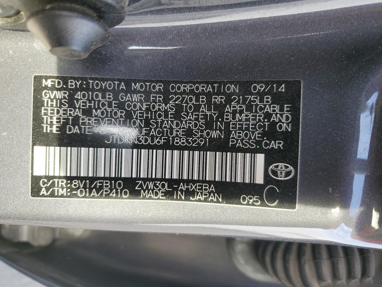 VIN JTDKN3DU6F1883291 2015 TOYOTA PRIUS no.12