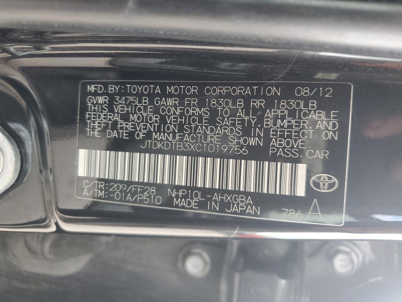 2012 Toyota Prius C VIN: JTDKDTB3XC1019756 Lot: 42408975