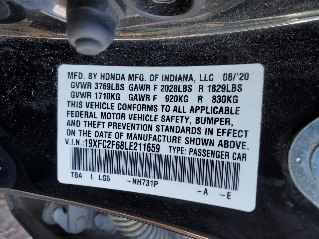 2020 Honda Civic Lx VIN: 19XFC2F68LE211659 Lot: 89136345