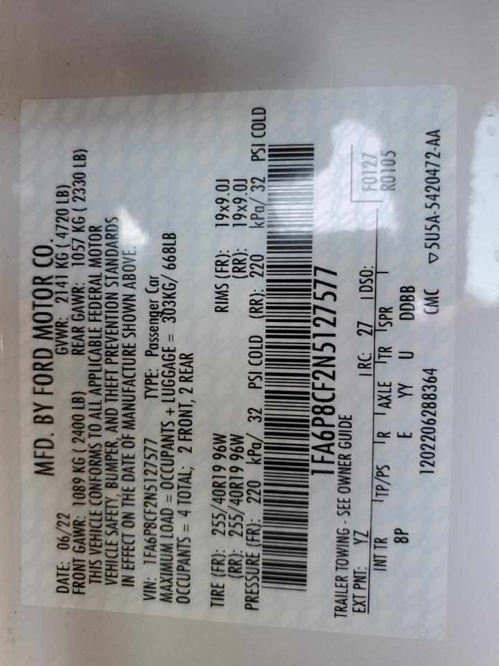 2022 Ford Mustang Gt VIN: 1FA6P8CF2N5127577 Lot: 42247165