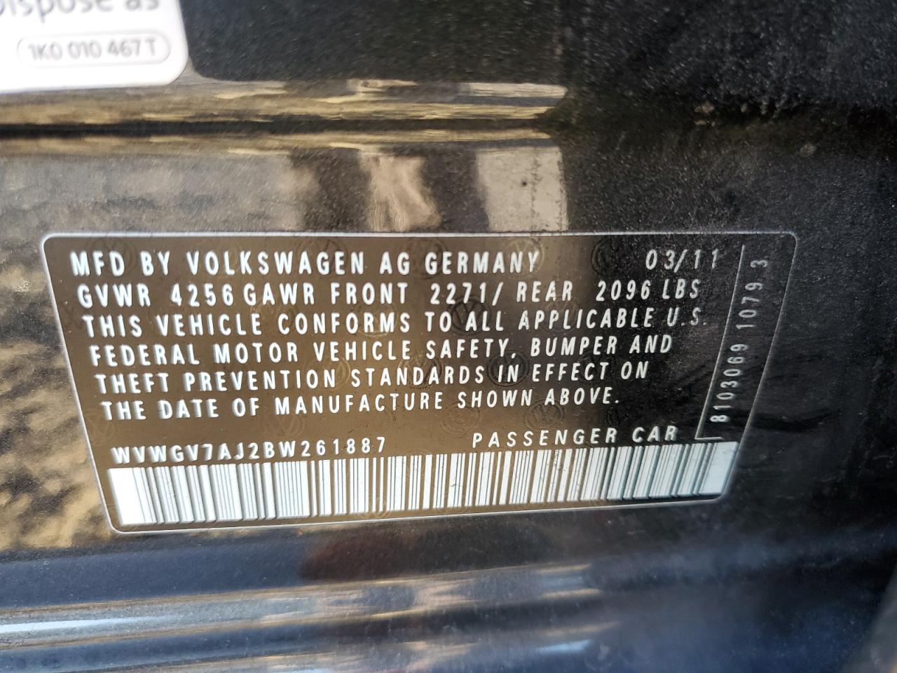 2011 Volkswagen Gti VIN: WVWGV7AJ2BW261887 Lot: 87512255