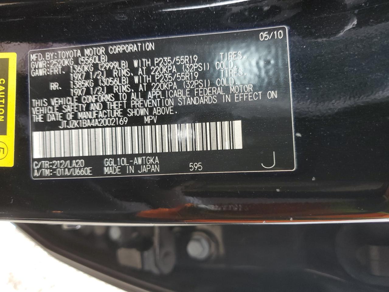 2010 Lexus Rx 350 VIN: JTJZK1BA4A2002169 Lot: 56913045