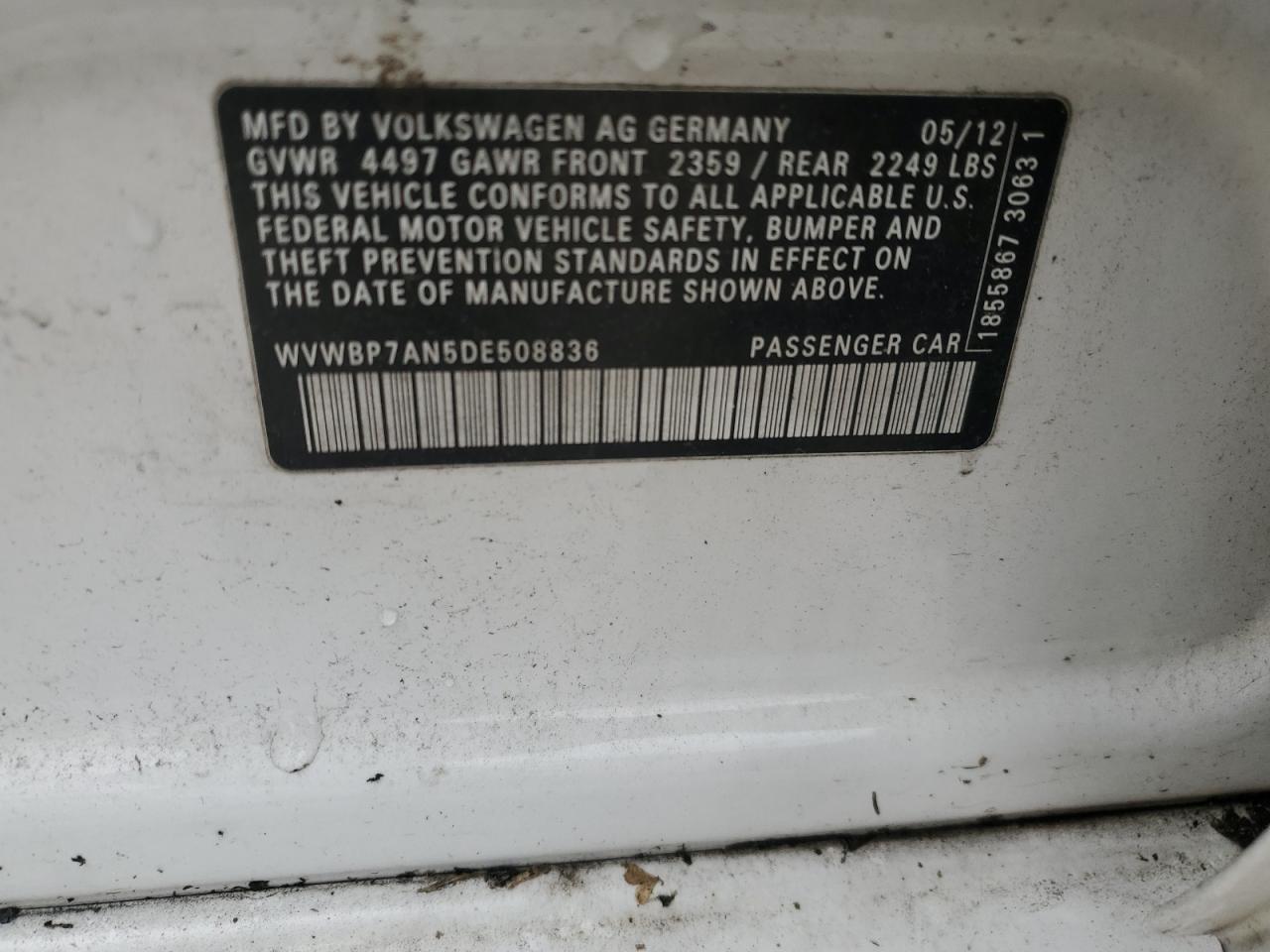 2013 Volkswagen Cc Sport VIN: WVWBP7AN5DE508836 Lot: 88069275