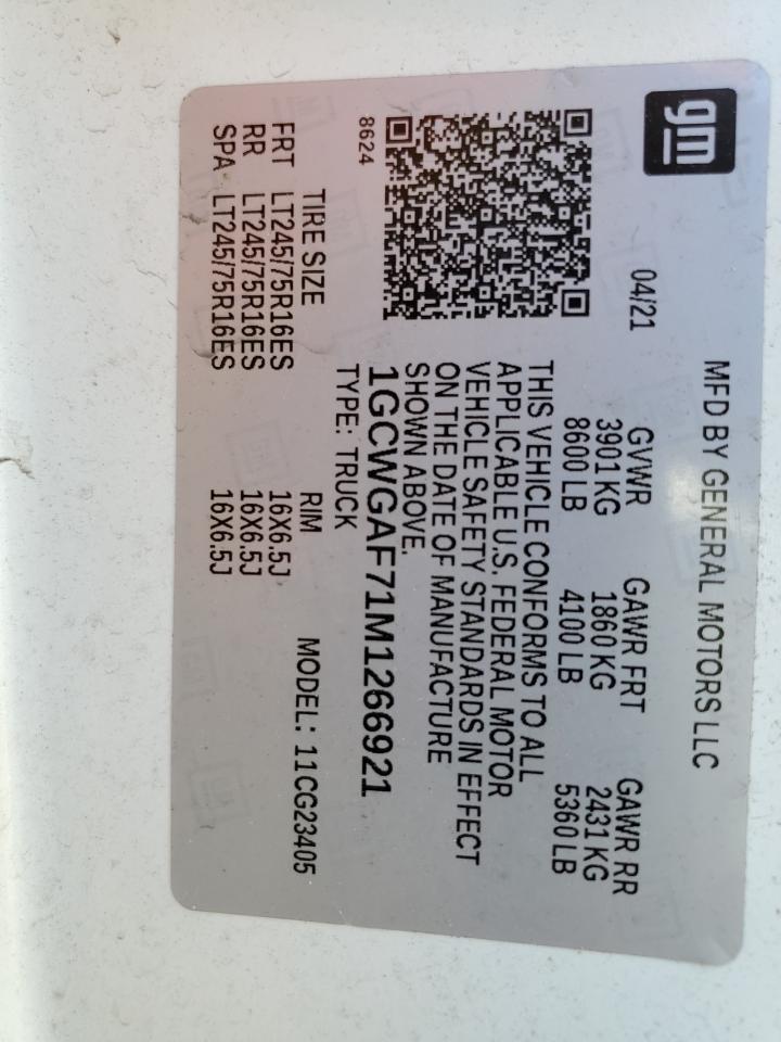 2021 Chevrolet Express G2500 VIN: 1GCWGAF71M1266921 Lot: 88111885