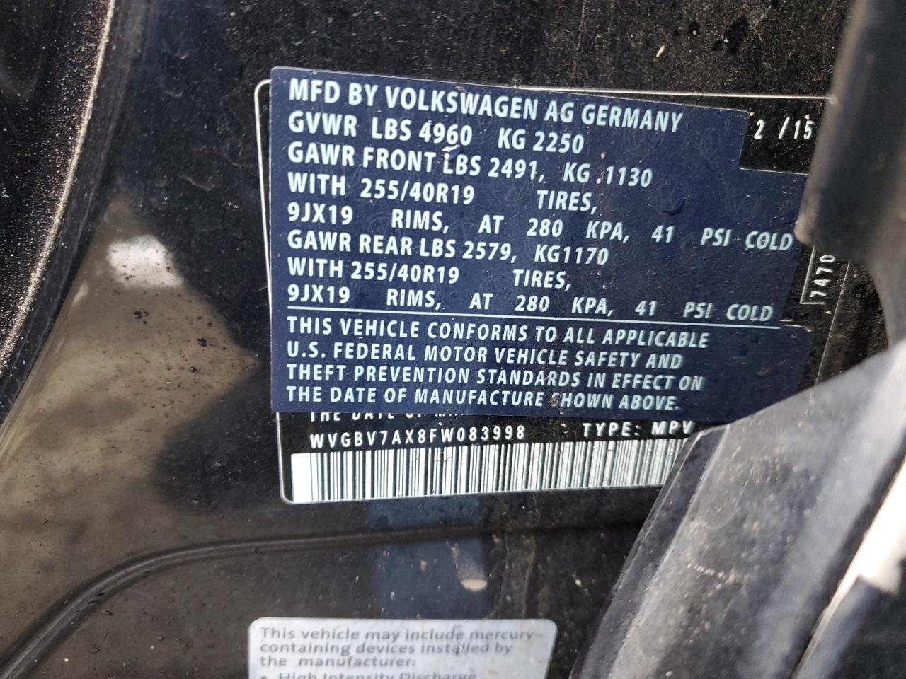 2015 Volkswagen Tiguan S VIN: WVGBV7AXBFW083998 Lot: 88079065