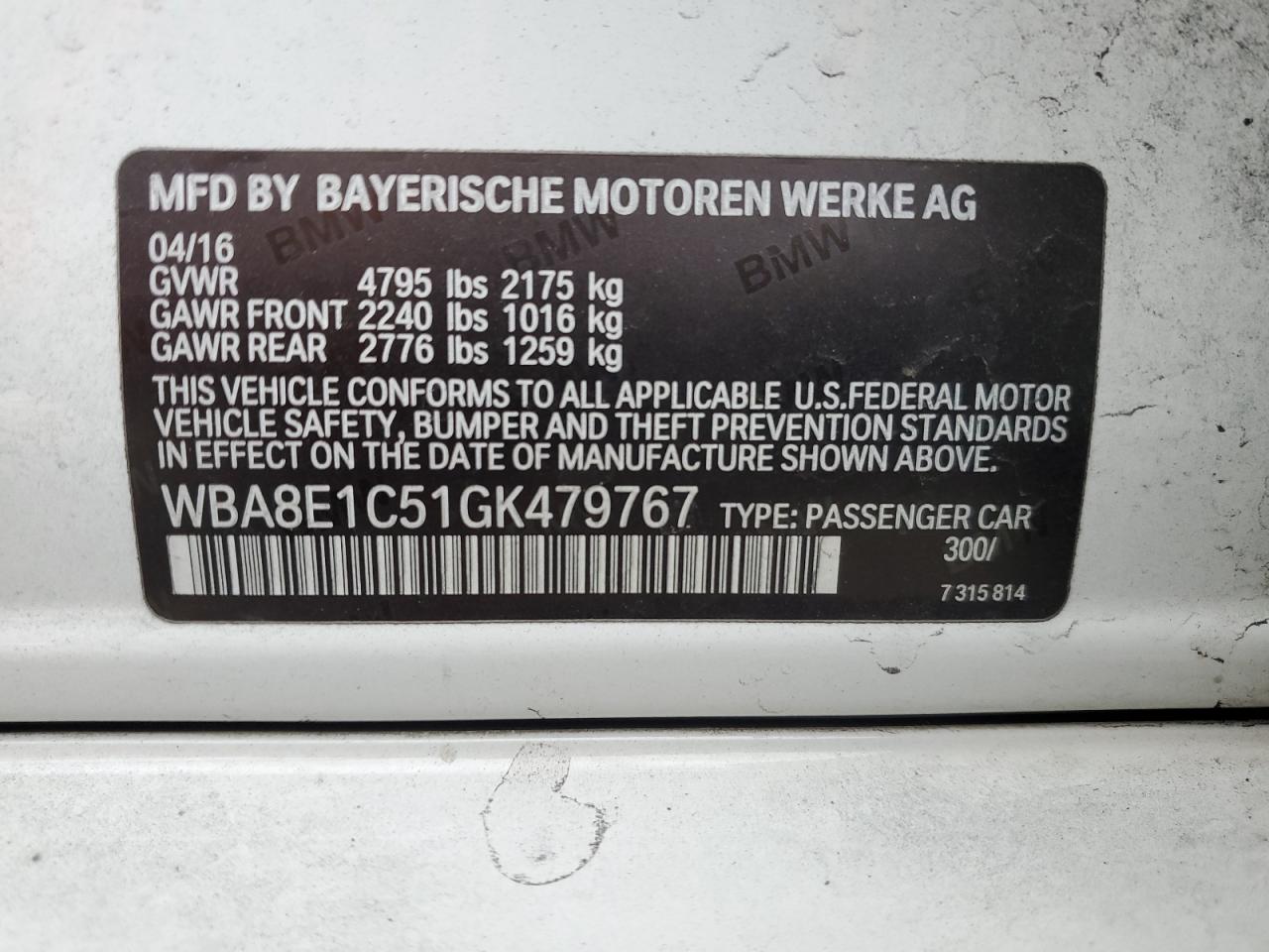 VIN WBA8E1C51GK479767 2016 BMW 3 SERIES no.12