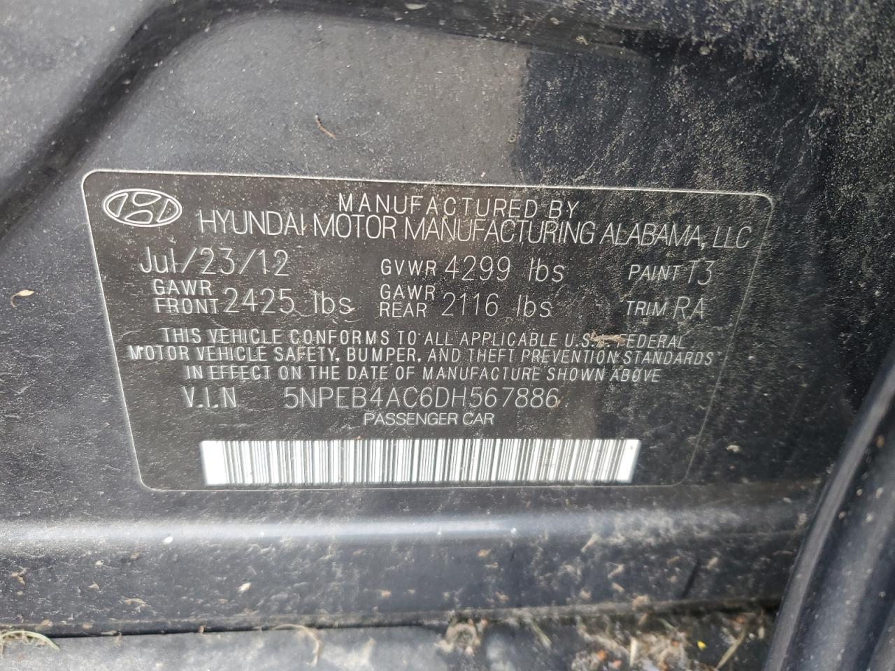 2013 Hyundai Sonata Gls VIN: 5NPEB4AC6DH567886 Lot: 63969305