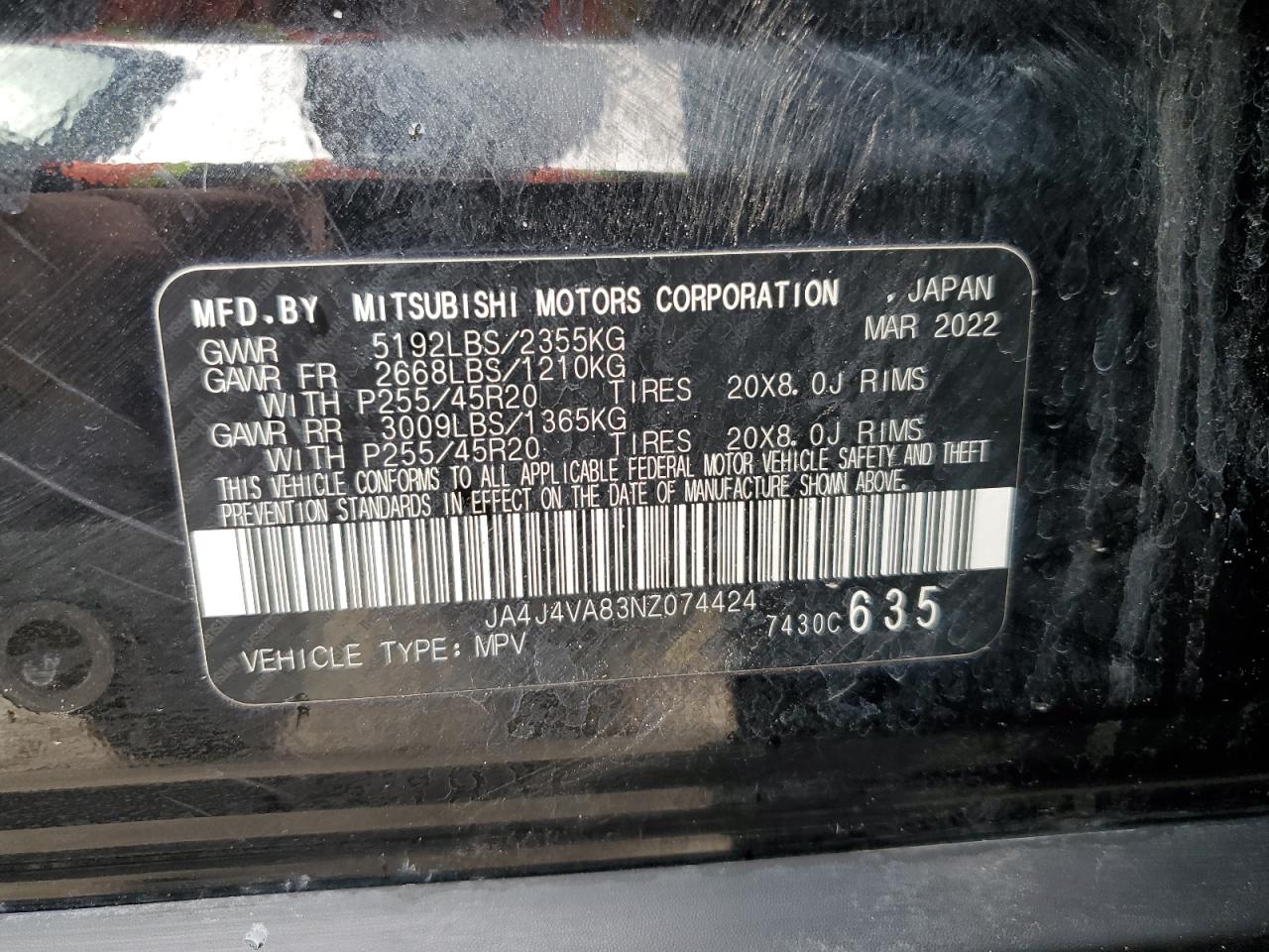 2022 Mitsubishi Outlander Sel VIN: JA4J4VA83NZ074424 Lot: 41796395