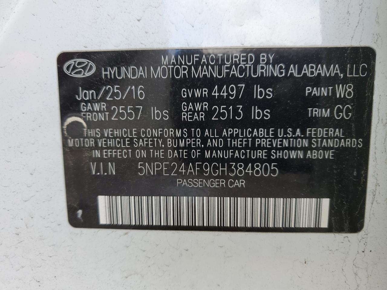 VIN 5NPE24AF9GH384805 2016 HYUNDAI SONATA no.12