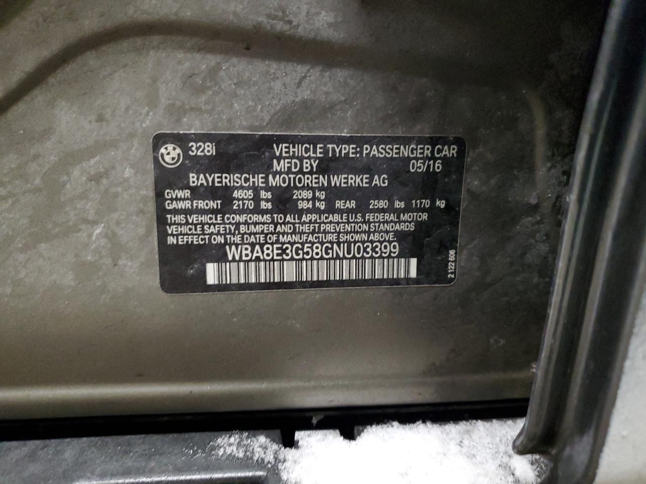 2016 BMW 328 Xi Sulev VIN: WBA8E3G58GNU03399 Lot: 87370704