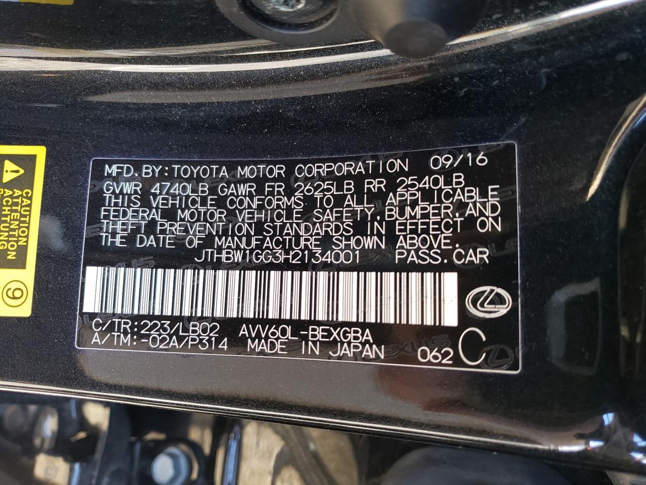 2017 Lexus Es 300H VIN: JTHBW1GG3H2134001 Lot: 41528225