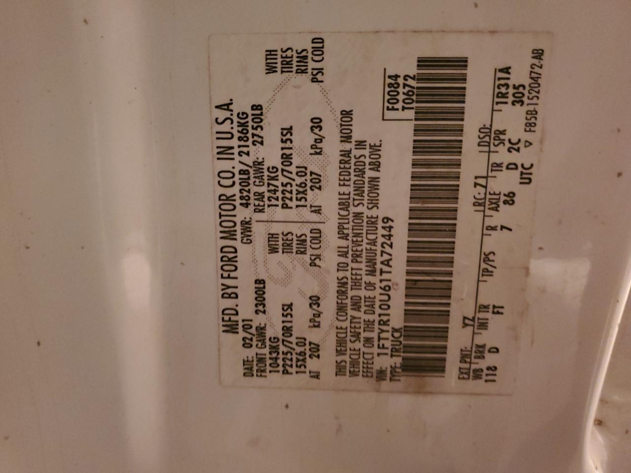 2001 Ford Ranger VIN: 1FTYR10U61TA72449 Lot: 41852845