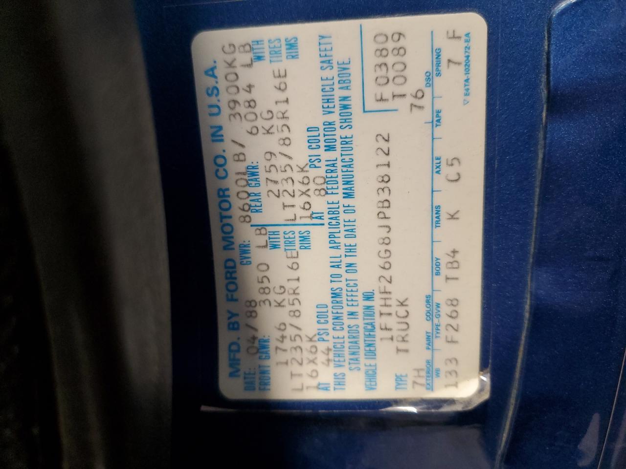 1988 Ford F250 VIN: 1FTHF26G8JPB38122 Lot: 88099295