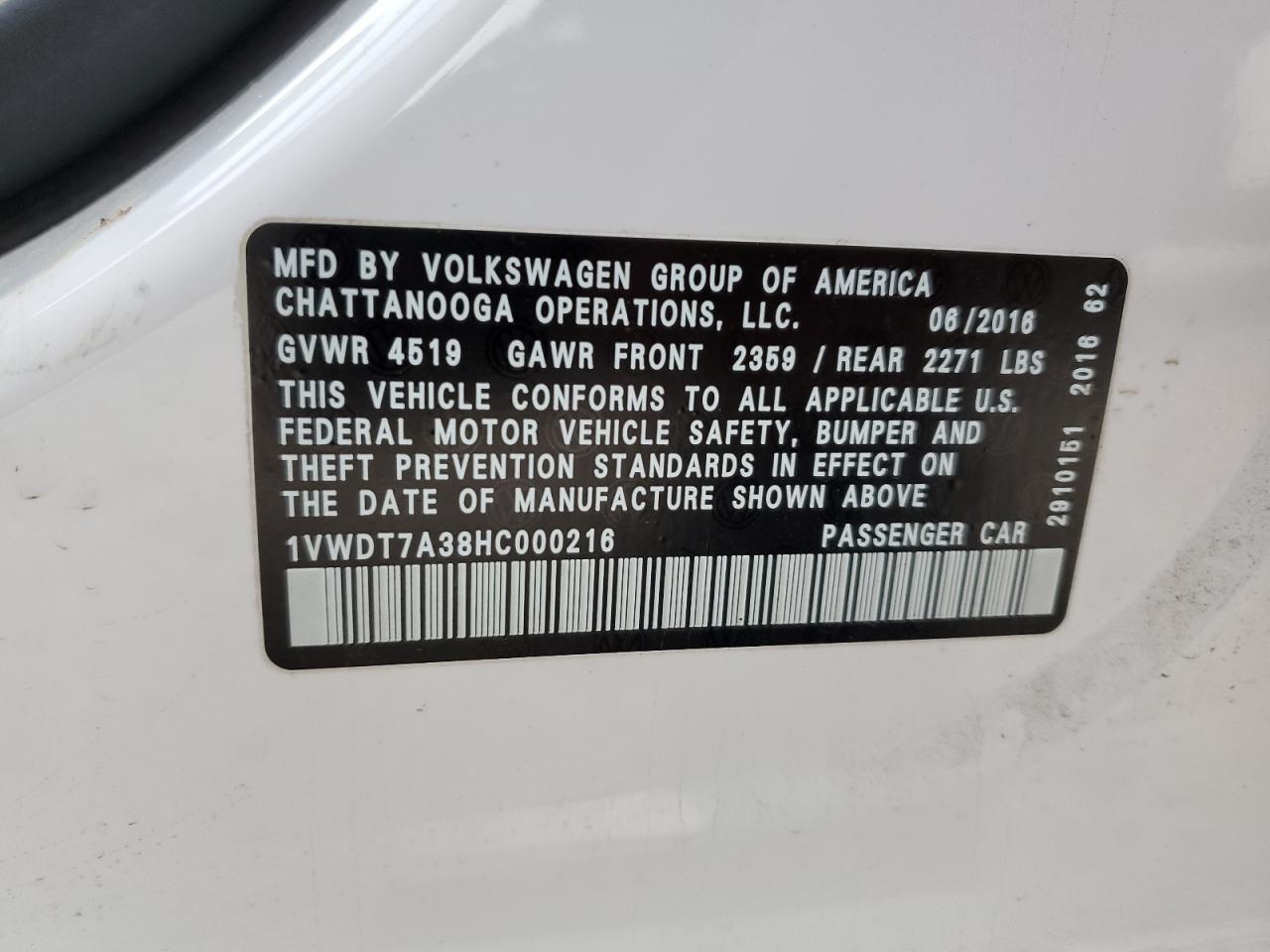 2017 Volkswagen Passat R-Line VIN: 1VWDT7A38HC000216 Lot: 84817094