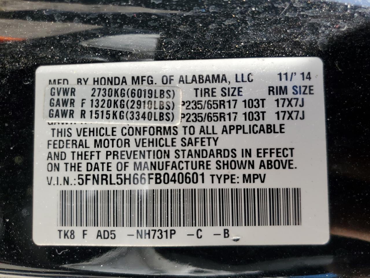 VIN 5FNRL5H66FB040601 2015 HONDA All Models no.14