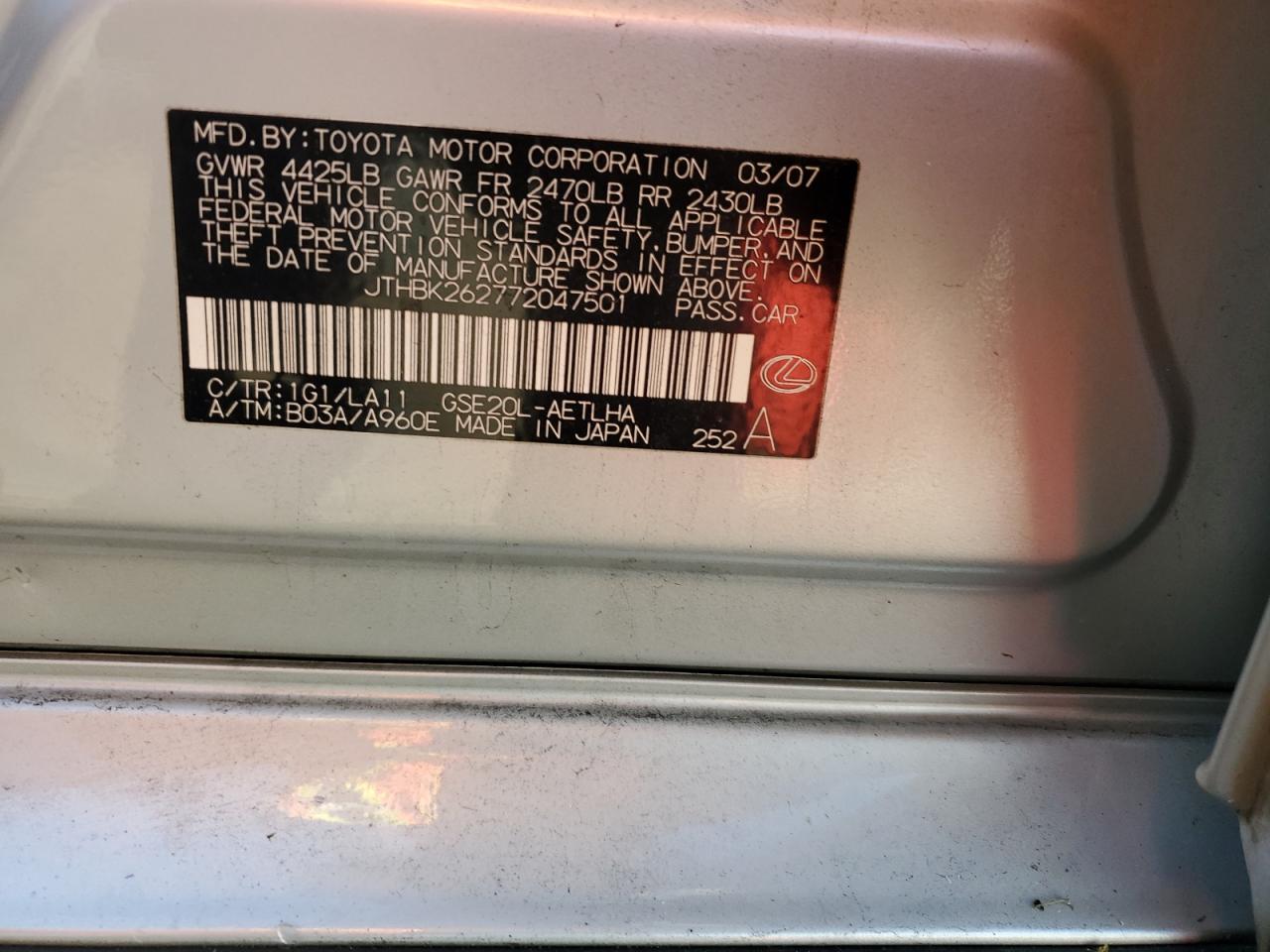 2007 Lexus Is 250 VIN: JTHBK262772047501 Lot: 42813225