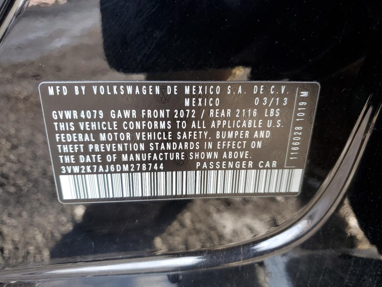 2013 Volkswagen Jetta Base VIN: 3VW2K7AJ6DM278744 Lot: 87235054