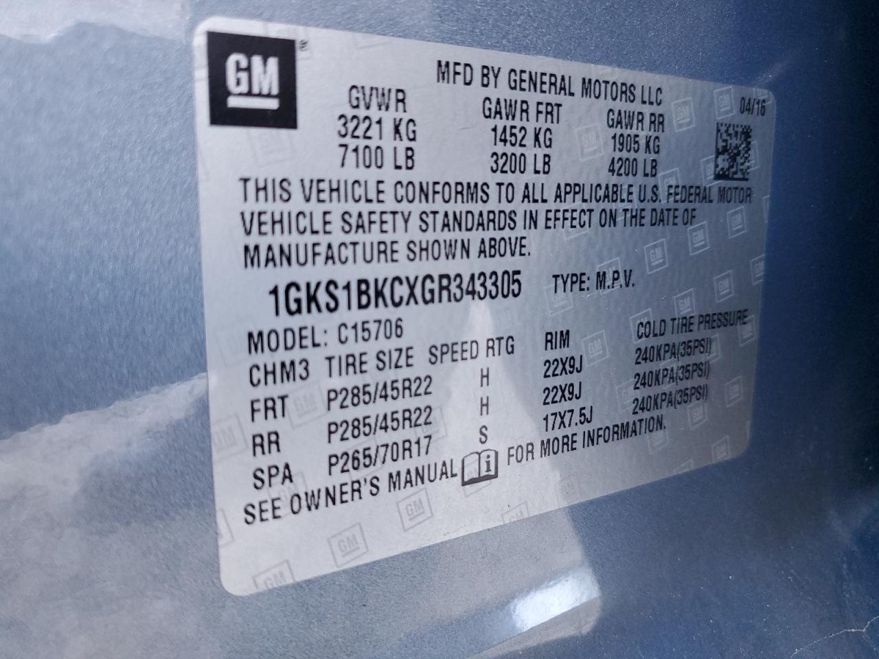 VIN 1GKS1BKCXGR343305 2016 GMC YUKON no.14