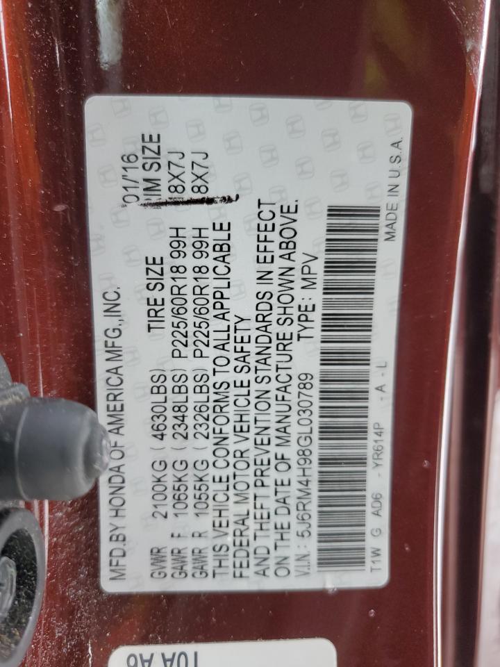 2016 Honda Cr-V Touring VIN: 5J6RM4H98GL030789 Lot: 87056054