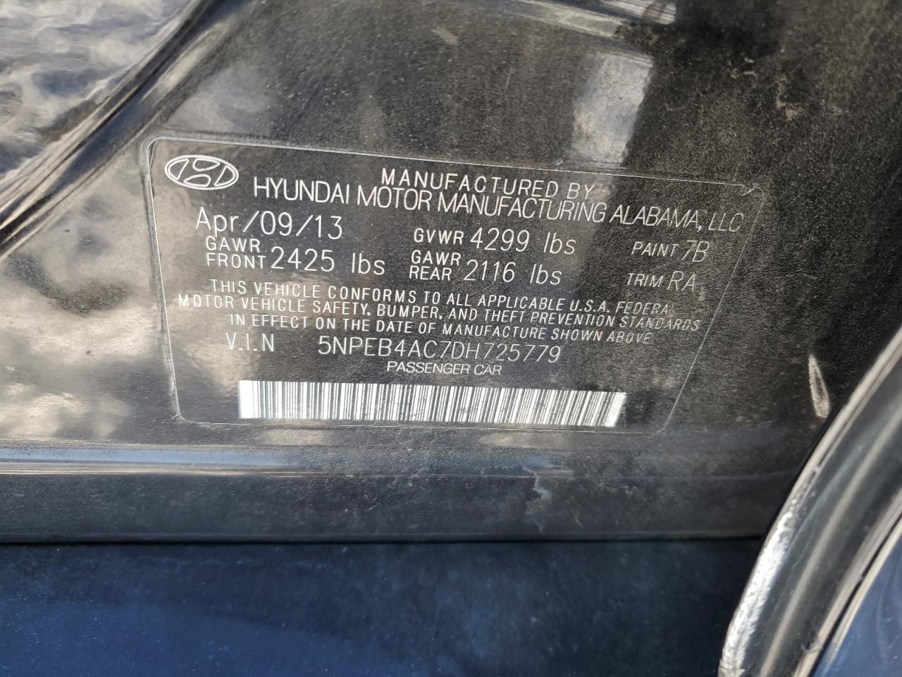 2013 Hyundai Sonata Gls VIN: 5NPEB4AC7DH725779 Lot: 89281335