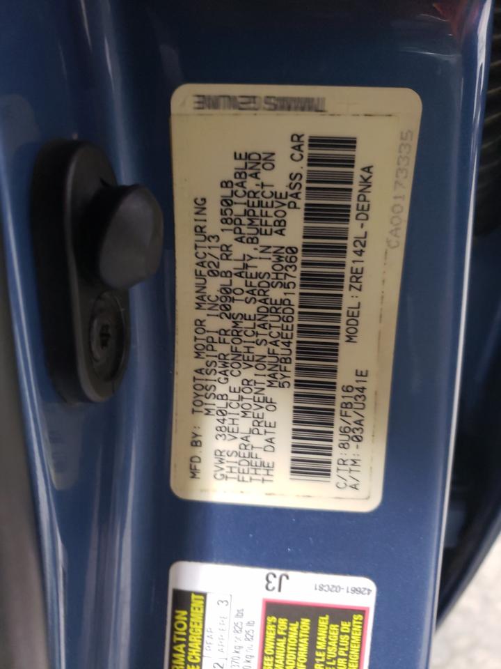 2013 Toyota Corolla Base VIN: 5YFBU4EE6DP157360 Lot: 87866545