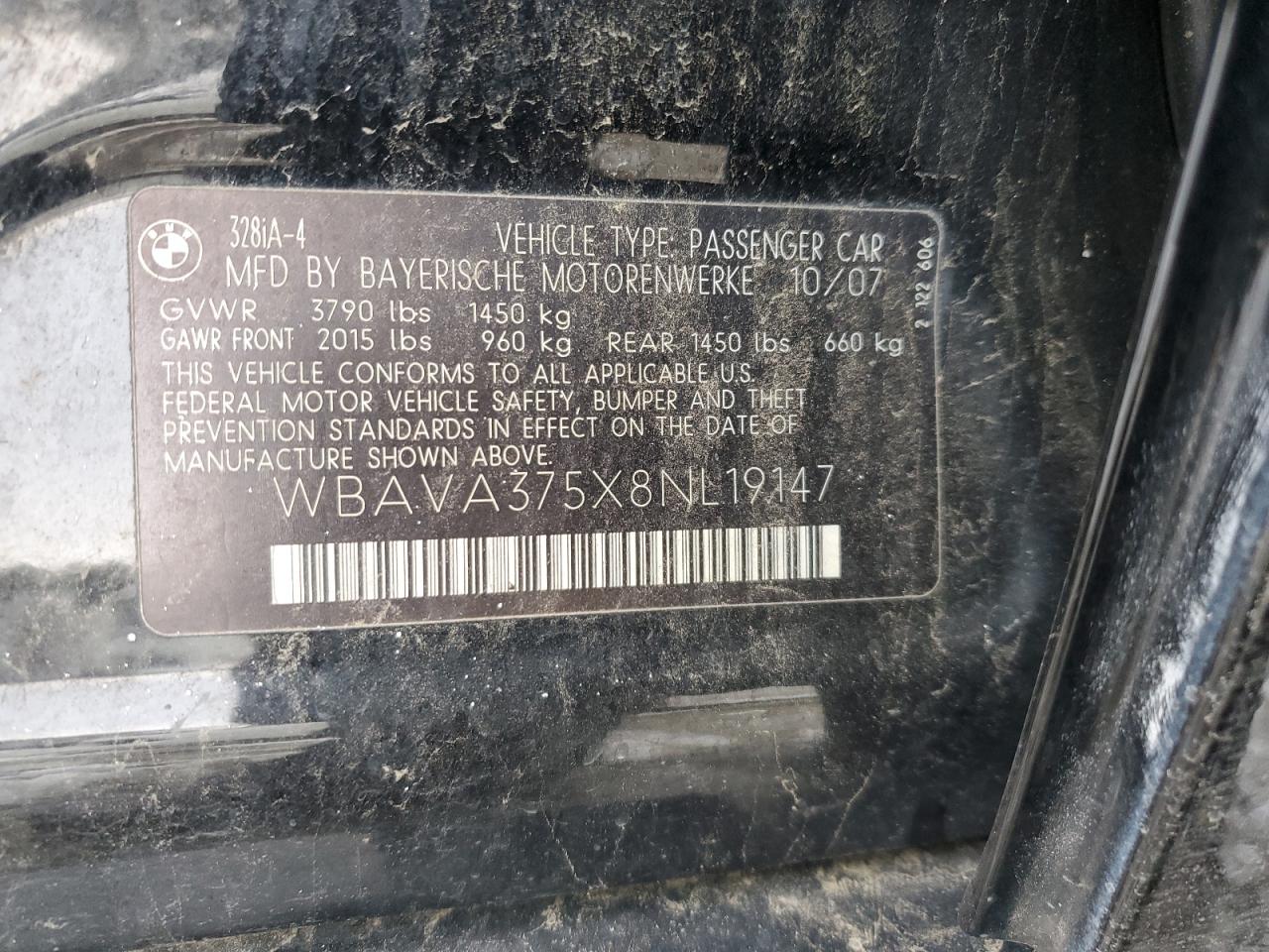2008 BMW 328 I VIN: WBAVA375X8NL19147 Lot: 86581734
