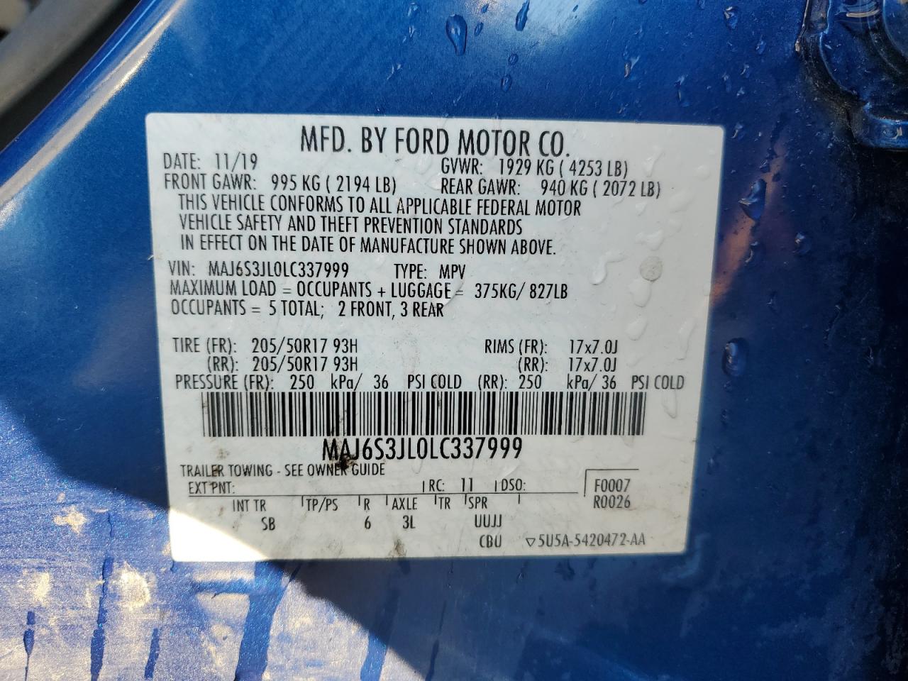 2020 Ford Ecosport Ses VIN: MAJ6S3JL0LC337999 Lot: 41519805