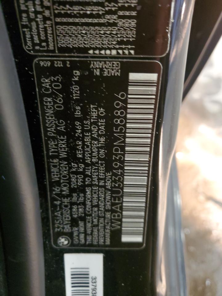 2003 BMW 325 Xi VIN: WBAEU33493PM58896 Lot: 86892414