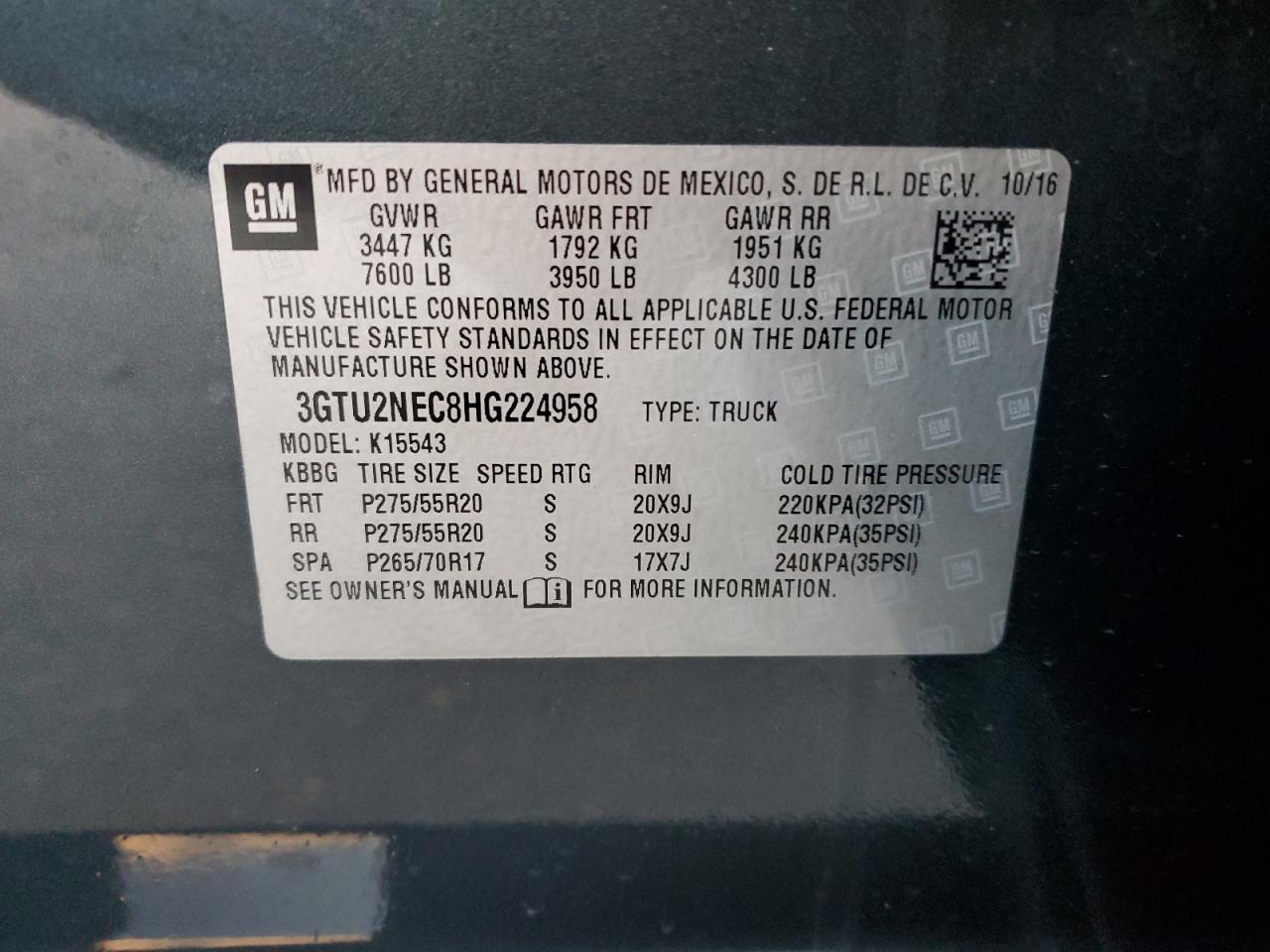 2017 GMC Sierra K1500 Slt VIN: 3GTU2NEC8HG224958 Lot: 87925525