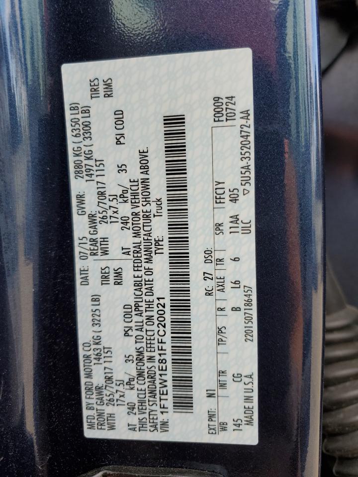 2015 Ford F150 Supercrew VIN: 1FTEW1E81FFC20021 Lot: 85191944