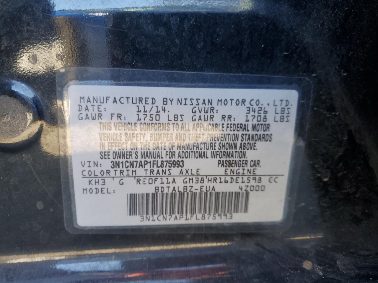 VIN 3N1CN7AP1FL875993 2015 NISSAN VERSA no.12