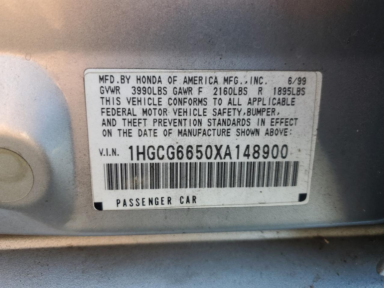 1999 Honda Accord Lx VIN: 1HGCG6650XA148900 Lot: 87470214