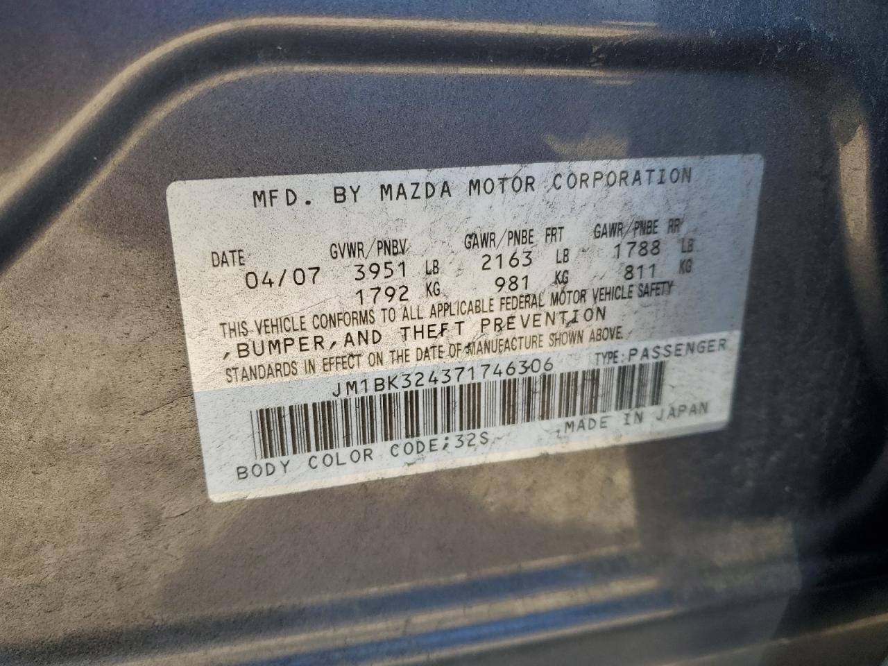 2007 Mazda 3 S VIN: JM1BK324371746306 Lot: 87725045