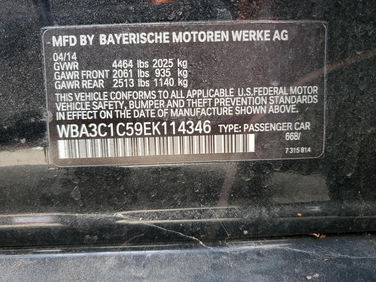 VIN WBA3C1C59EK114346 2014 BMW 3 SERIES no.12